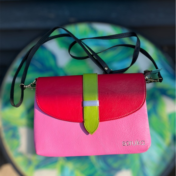 Handbags - Soruka Colorblock Pink Green and Red Leather Crossbody Bag